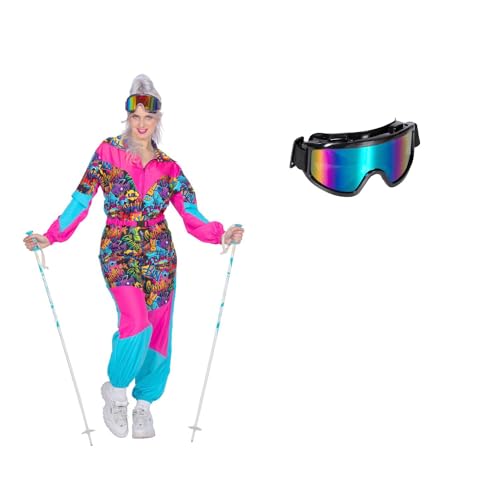 MIMIKRY 80er Jahre Ski-Anzug Graffiti Damen-Kostüm mit Brille 80's Overall Einteiler...