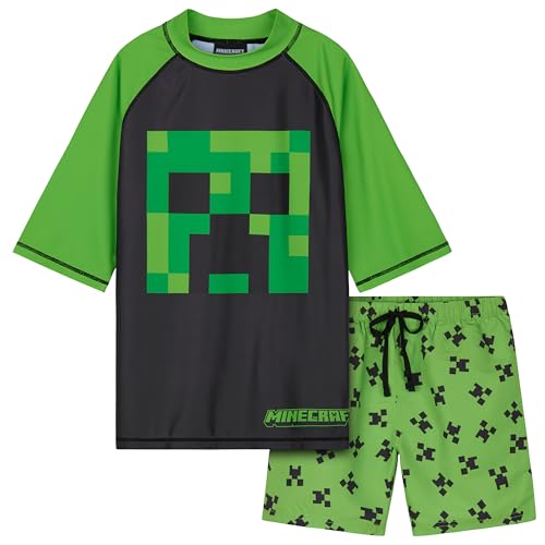 Minecraft Badeanzug Jungen, Zweiteiliger Schwimmanzug - Schwimmshirt & Badeshorts (9-10...