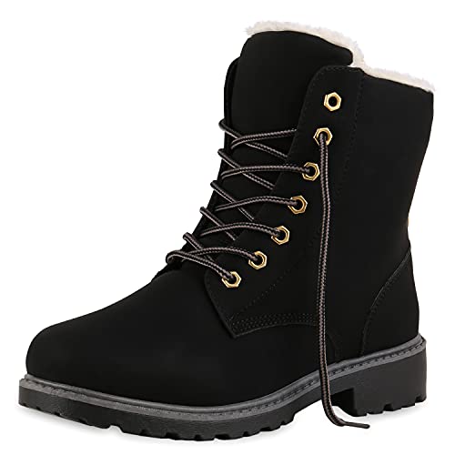 VAN HILL Warm Gefütterte Worker Boots Damen Outdoor Stiefeletten Robust 124552 Schwarz 39