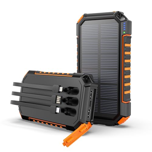 Hiluckey Solar Powerbank 27000mAh, Tragbare Solar Ladegerät mit 3 Integrierten Kabeln,...