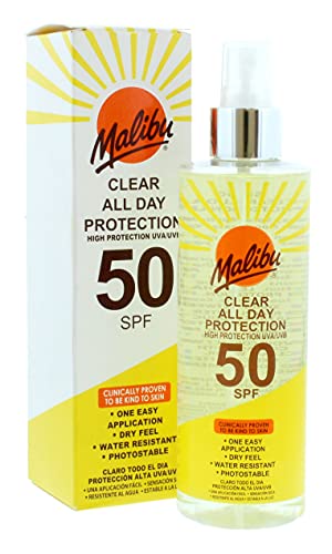 Malibu All Day High Protection Water Resistant Dry Feel LSF 50 Sun-Screen Clear Spray, 250...