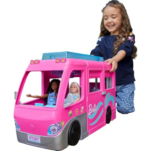 Barbie Super Abenteuer-Camper Fahrzeug, mit 7 Spielbereichen, inkl. Pool und Rutsche, 60+...