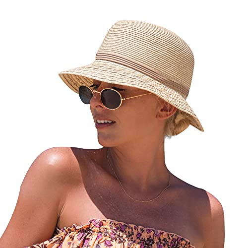 Comhats Damen Sonnenhut Faltbarer Strohhut für am Strand UV Schutz Sommerhut Garten Beige...