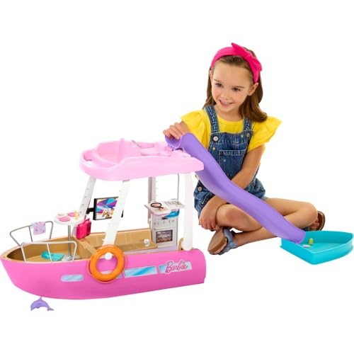 Barbie Traumboot Spielset, Rutsche und Schwimmzeug, 20+ Barbie-Zubehörteile, ohne...