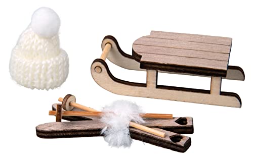 Rayher Holz-Schlitten, Holz-Ski, Strickmütze, Set 3 Teile, Weihnachtsdekoration,...