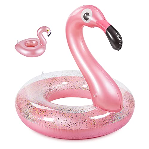 Olycism Aufblasbarer Flamingo Schwimmring mit Pailletten und Getränkehalter und Aufnäher...