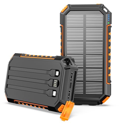 Solar Powerbank 27000mAh Riapow Tragbare Solar Ladegerät mit 3 Integrierten Kabeln, USB C...