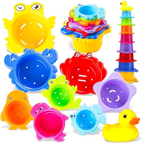 OleOletOy Kinder Badewannenspielzeug Set - 8X Stapelbecher mit Einer Badeente | 2 in 1:...