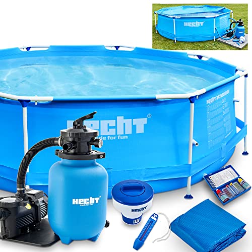 HECHT 11-tlg Swimmingpool Komplettset – Großer 300 x 76 cm Stahlrahmen Pool rund, Sandfilteranlage, Chlorspender, Thermometer, Chlortester, Abdeckplane & Zubehör