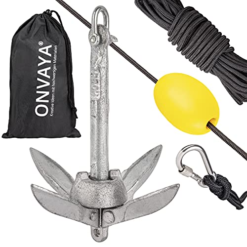 ONVAYA® Bootsanker | 0,7 kg | Klappanker | Set inklusive Ankerleine mit Karabiner,...