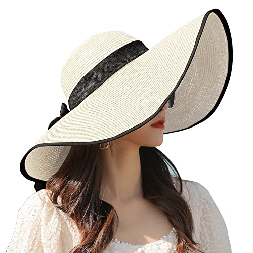 BABAHU Women Foldable Floppy Wide Brim Straw Sun Hat Summer Beach Hat UV UPF 50+