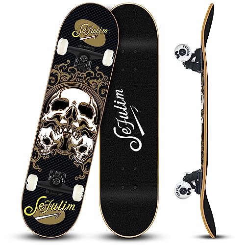 Sefulim Skull Skateboard Complete 31x8 inches Double Kick Trick Skateboards Cruiser Penny...