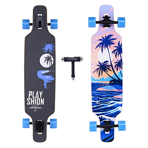 PLAYSHION Longboard 39 Zoll, mit ABEC-9 Kugellagern, Drop-Through Freeride Skateboards...