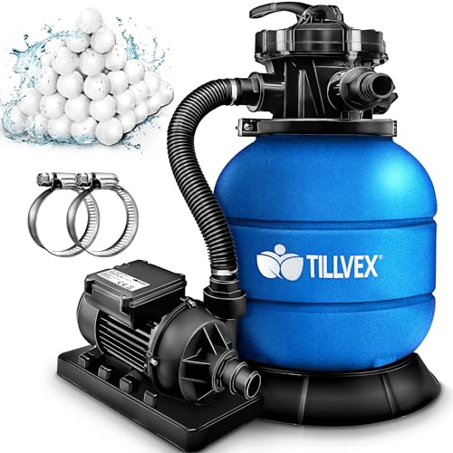 tillvex® Sandfilteranlage Pool 7.900L/h inkl. 400g Filterbälle | Filteranlage 7-Wege...