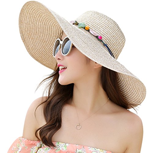 Lanzom Womens Wide Brim Straw Hat Floppy Foldable Roll up Cap Beach Sun Hat UPF 50+ (Style...