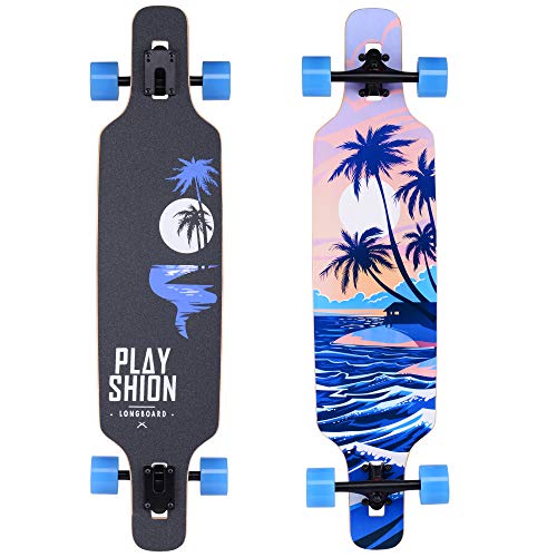 PLAYSHION Longboard 39 Zoll, mit ABEC-9 Kugellagern, Drop-Through Freeride Skateboards...