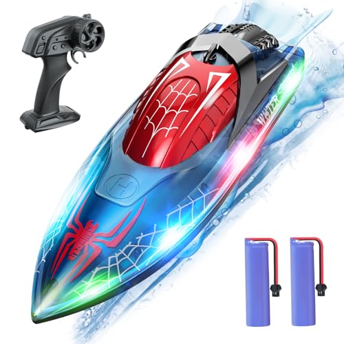 DEERC Ferngesteuertes Boot mit LED-Licht, RC Boot 15 KM/H, 2,4-GHz Rennboote, 2 Batterien...