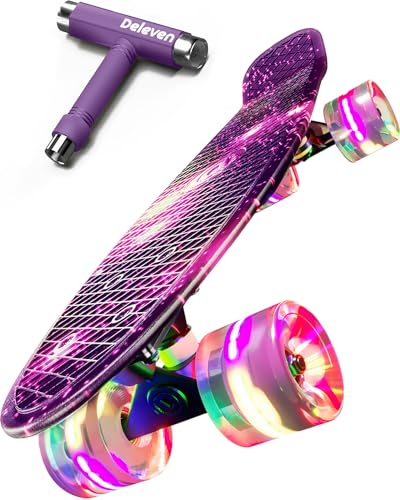 Deleven Skateboard mit LED Rollen, Skate Tool und ABEC 7 Lager - Kinder Erwachsene...