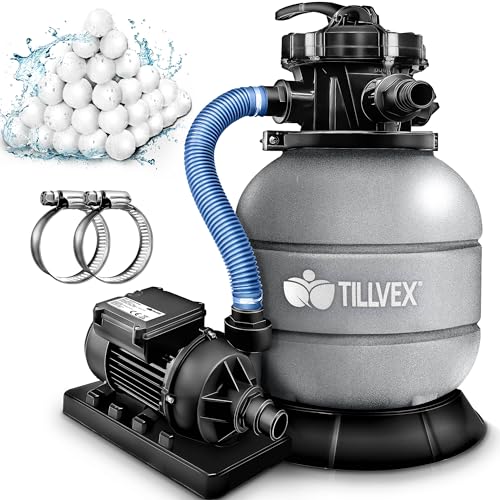 tillvex® Sandfilteranlage Pool 7.900L/h inkl. 400g Filterbälle | Filteranlage 7-Wege...