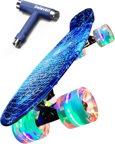 Deleven Skateboard mit LED Rollen, Skate Tool und ABEC 7 Lager - Kinder Erwachsene...