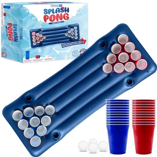 Splash Pong® | Offizieller aufblasbarer Beer Pong Tisch + 22 Cups (11 Rot & 11 Blau) + 4...