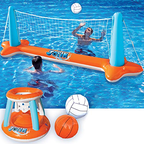 JOYIN Aufblasbare Pool Float Set, Volleyballnetz & Basketballkörbe & Bälle für Kinder...