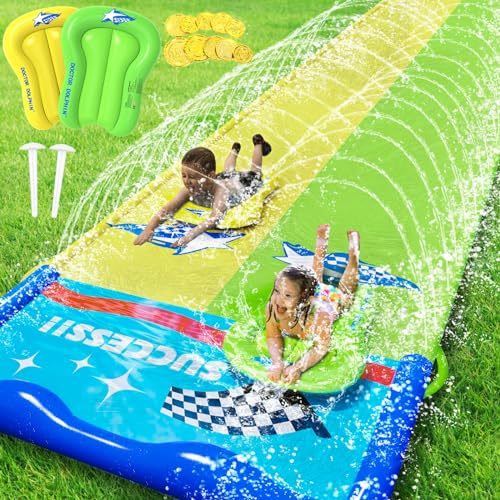 JONRRYIN Wasserrutsche, 600cm * 140cm Aufblasbare Wasserrutsche mit 2 Bodyboards,...